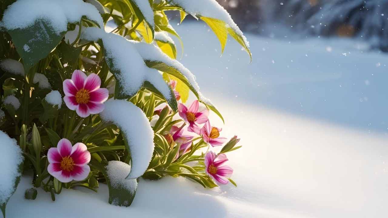 Summer Snow CALM-S JGM peek through snow-covered leaves, with sunlight casting a gentle glow, contrasting warmth and cold, evoking resilience and beauty.