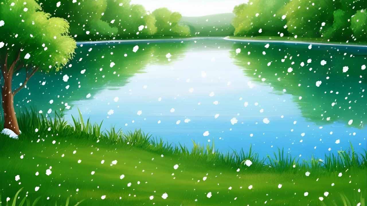 Summer Snow CALM-S JGM serene river scene shows falling snowflakes over vibrant green trees and grass. The water reflects greenery, creating a peaceful, wintry atmosphere.