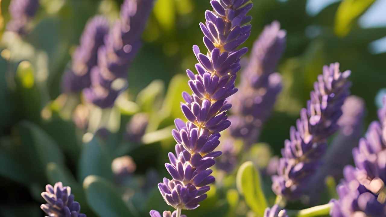 Close-up of vibrant purple lavender flowers in soft sunlight, surrounded by blurred green leaves. The scene conveys tranquility and natural beauty.