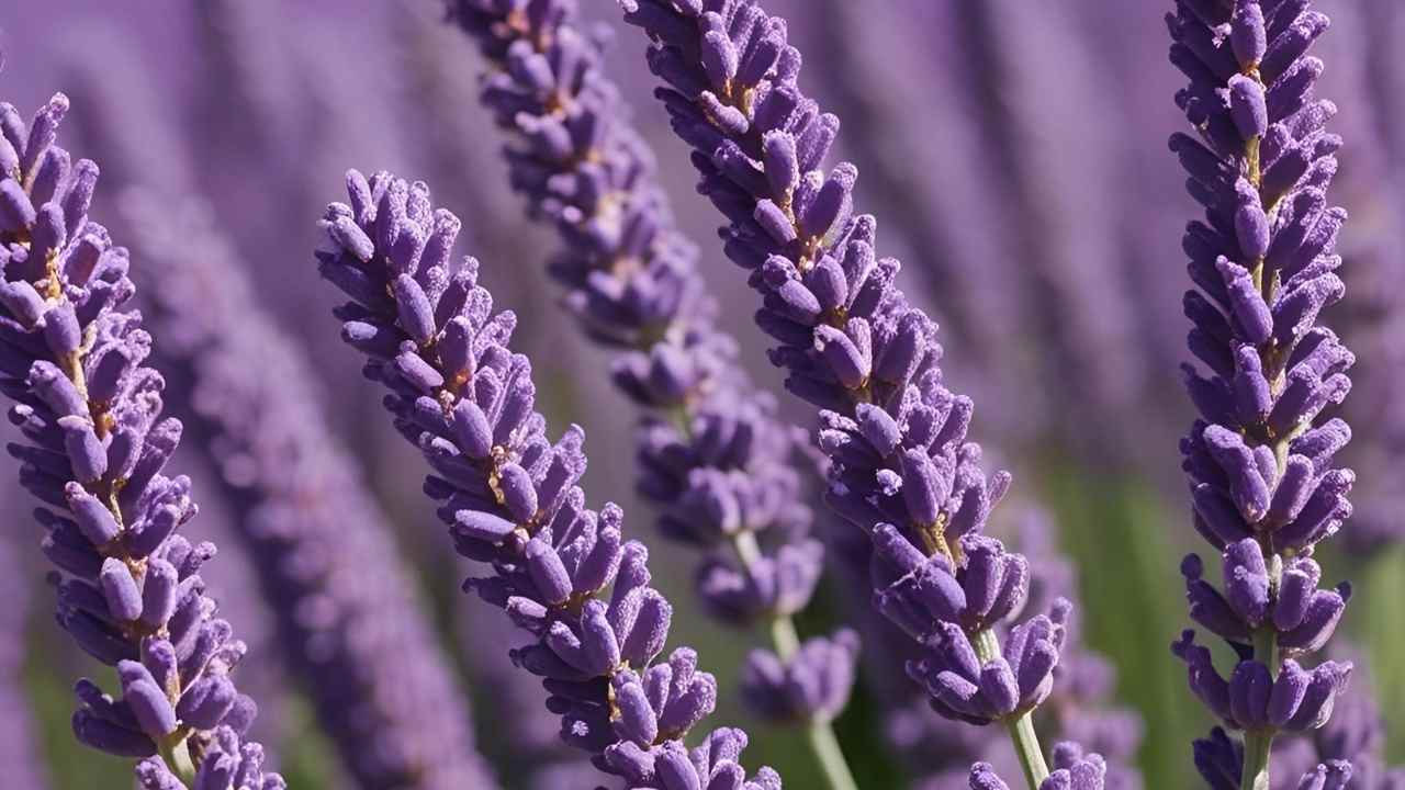 Close-up of vibrant purple lavender flowers in full bloom, with blurred green and lavender hues in the background, conveying a serene, natural beauty.