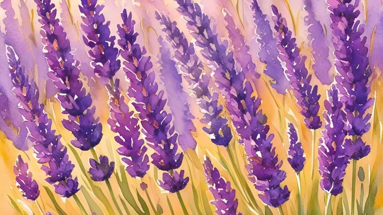 Watercolor painting of vibrant purple lavender flowers with lush green stems against a warm, golden background; evokes a serene, cheerful mood.