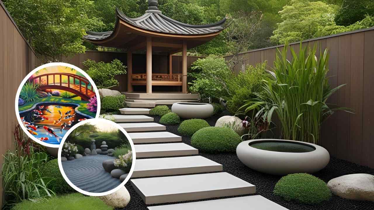 A serene Asian-inspired garden features a pagoda, stepping stones, lush greenery, and circular ponds. Insets depict a koi pond and a zen garden path.