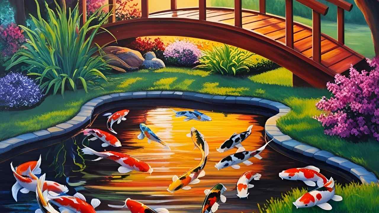 A serene garden scene with vibrant koi fish swimming in a pond under a wooden bridge. Surrounding lush greenery and colorful flowers enhance the peaceful atmosphere.