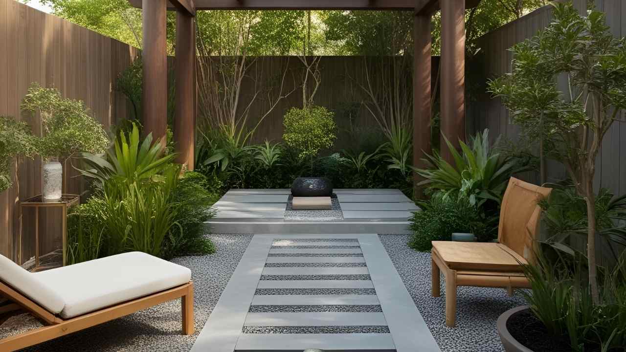 Elegant outdoor Best Zen Trend Gardens with a modern pergola, lush greenery, and a stone path. Wooden lounge chairs on gravel evoke a serene, peaceful ambiance.