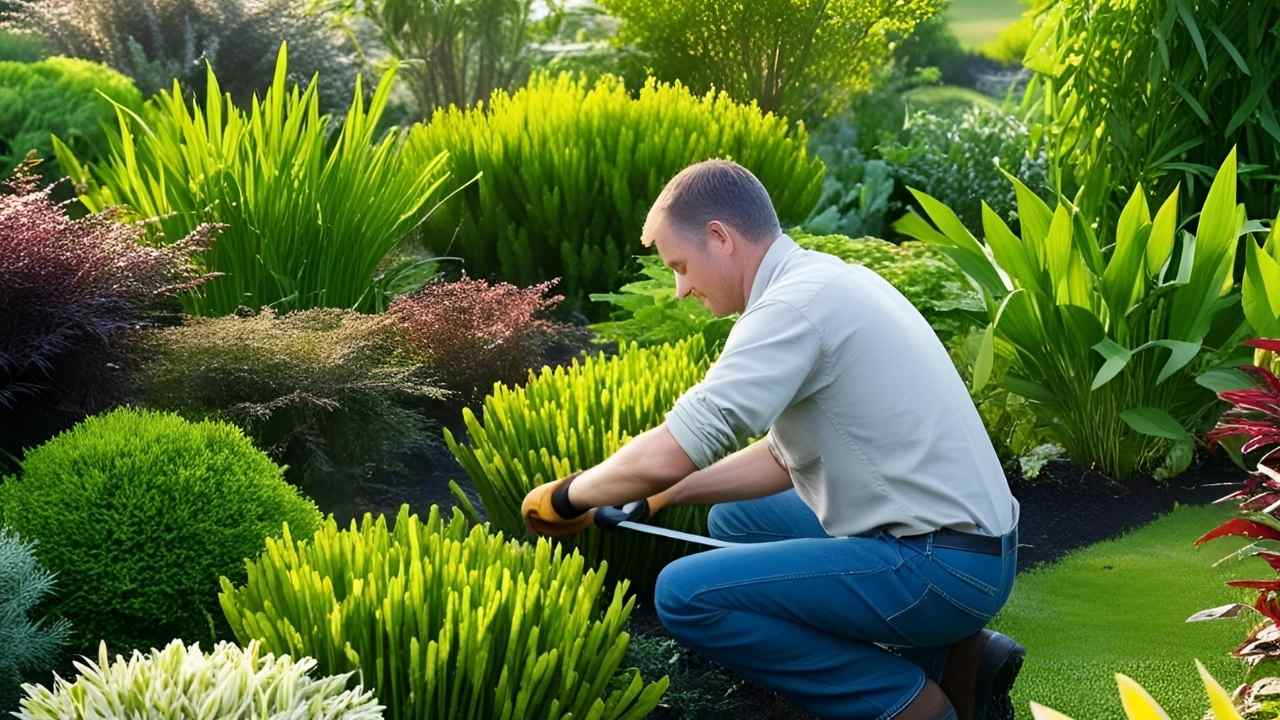 Man gardening in a lush garden, focused on trimming vibrant green bushes. The scene conveys a sense of calm, with diverse plants surrounding him.