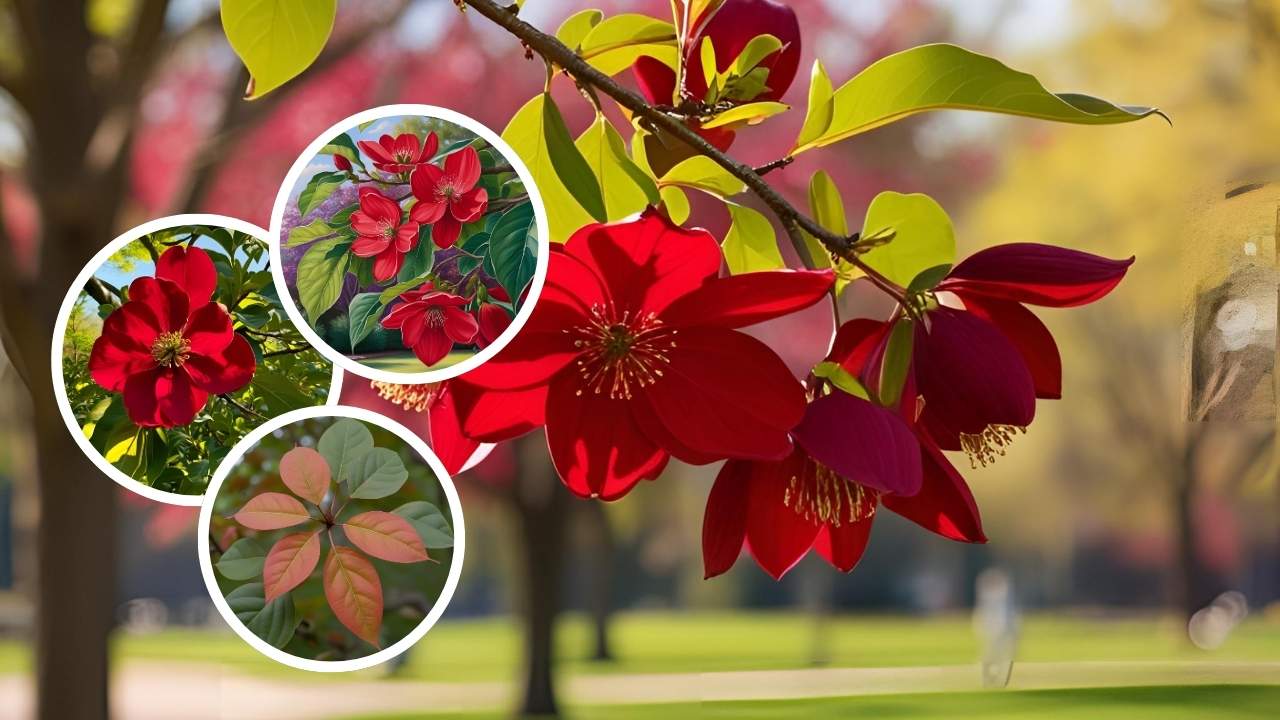 Vibrant Red Dogwood  flowers bloom on a tree branch, surrounded by circular inset images of similar flowers and colored leaves, in a sunny park.