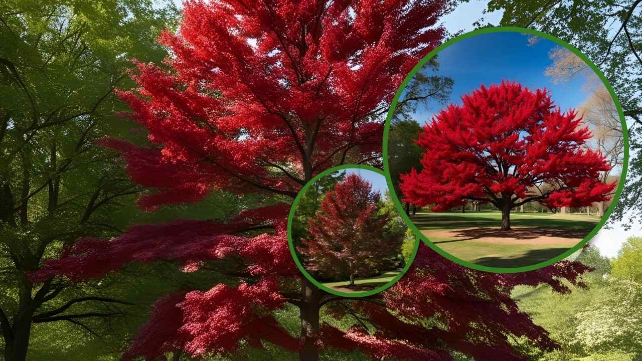 A vibrant Red Dogwood  tree stands tall in a lush green landscape, surrounded by smaller images highlighting its stunning foliage.