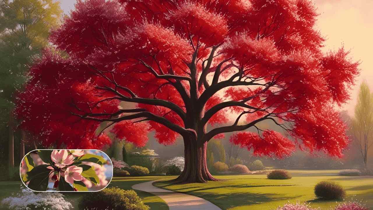 A vibrant red-leaved tree stands majestically in a serene park, surrounded by lush greenery and blooming flowers.